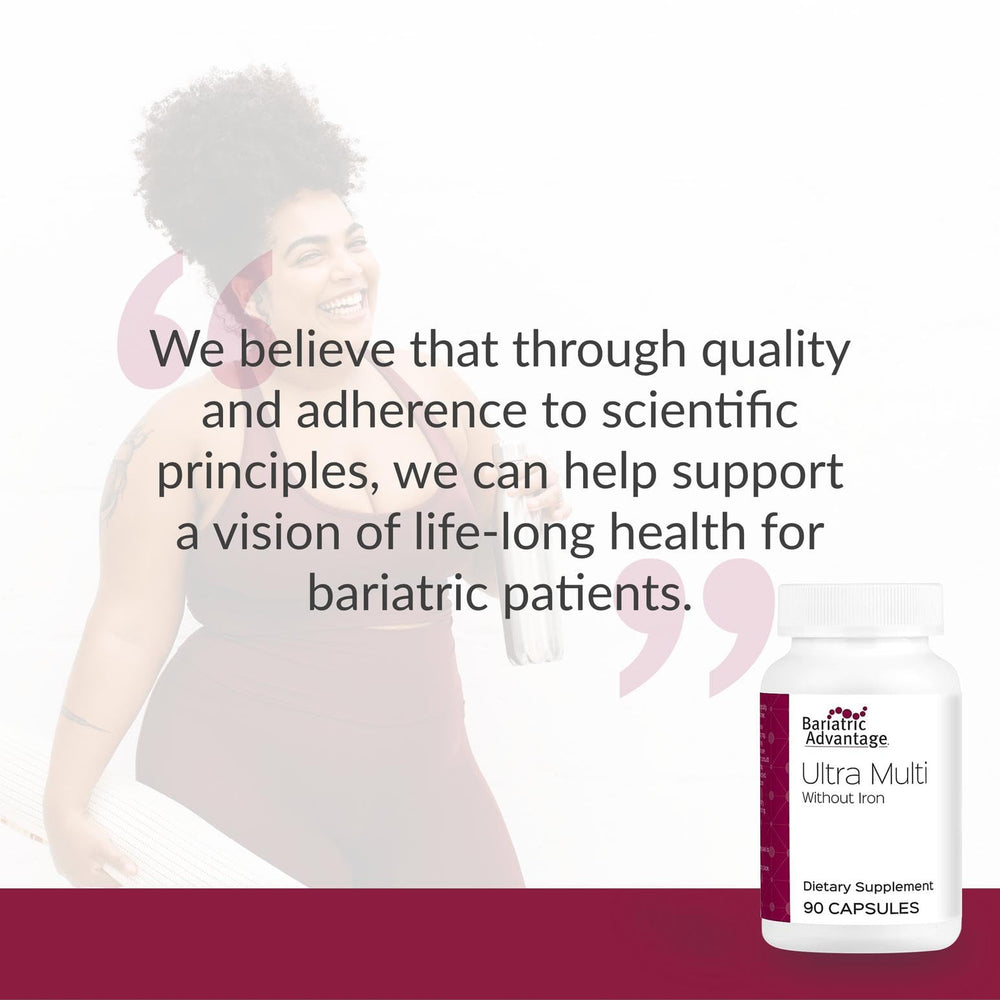 Bariatric Advantage Ultra Multi Without Iron box packaging highlights 90 capsules and 30 servings