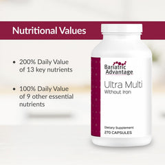 Front-facing packaging emphasizing bariatric compatibility and nutrient range for daily needs.