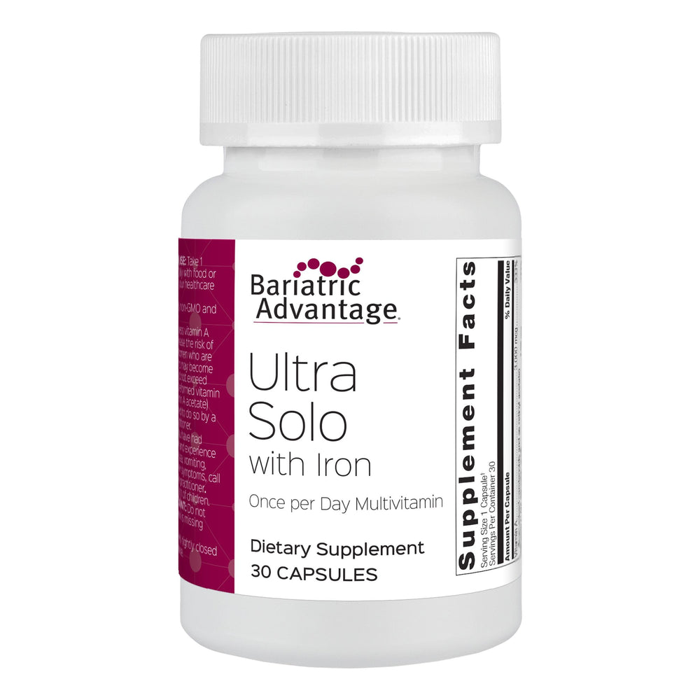 Bariatric Advantage Ultra Solo with Iron bottle showing convenient daily capsule for bariatric care