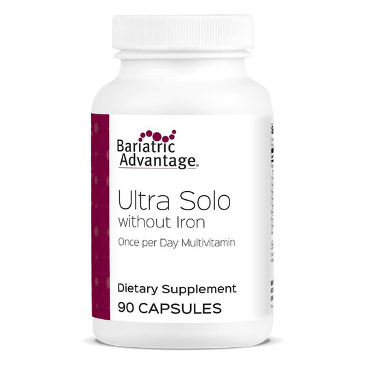 Bariatric Advantage Ultra Solo Without Iron bottle shows daily multivitamin for post-surgery support.