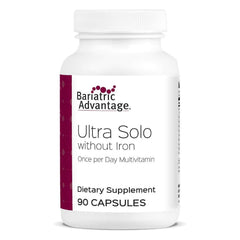 Bariatric Advantage Ultra Solo Without Iron bottle shows daily multivitamin for post-surgery support.