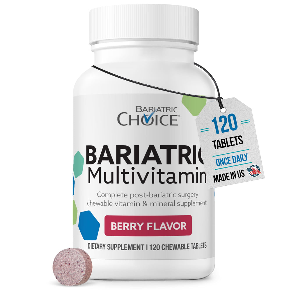 Bariatric Choice berry multivitamin bottle for daily post-surgery nutrition.