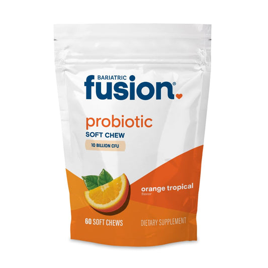 Bariatric Fusion probiotic soft chews orange tropical bottle supports digestion and immune health.
