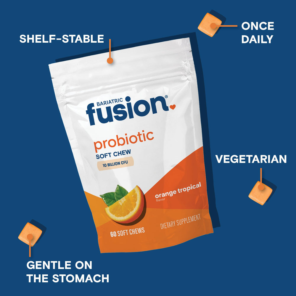 Bariatric Fusion probiotic soft chew closeup highlights bite-sized texture for daily use.