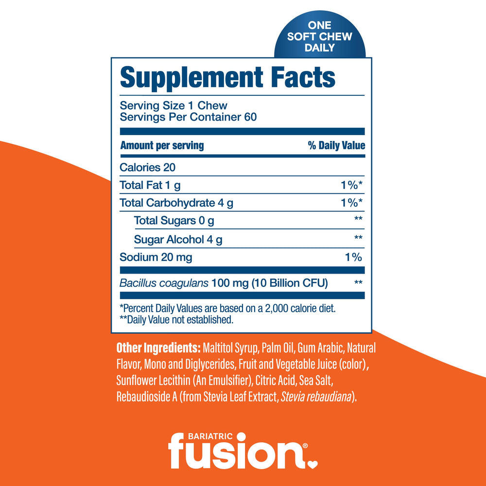 Bariatric Fusion orange tropical packaging 60-count shows convenient on-the-go probiotic.