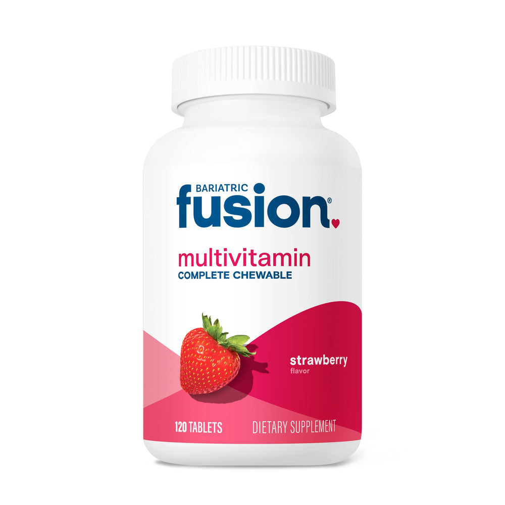 Bariatric Fusion bottle view of strawberry chewable vitamins for post-op nutrition