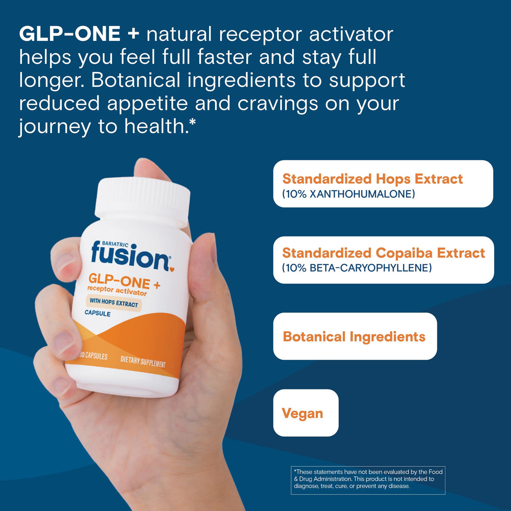 Bariatric Fusion GLP-ONE Plus gluten-free vegan formulation badge on packaging.