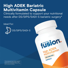 Bariatric Fusion High ADEK multivitamin bottle back with dosage information.