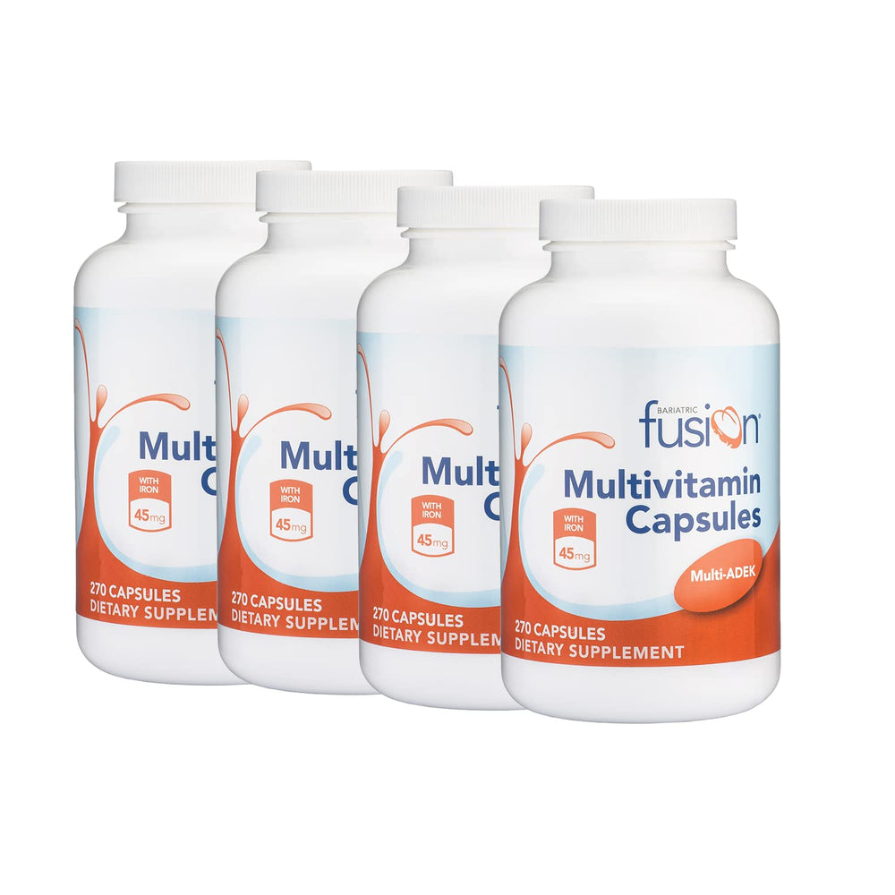 Bariatric Fusion High ADEK multivitamin bottle front showing easy-to-swallow capsules.