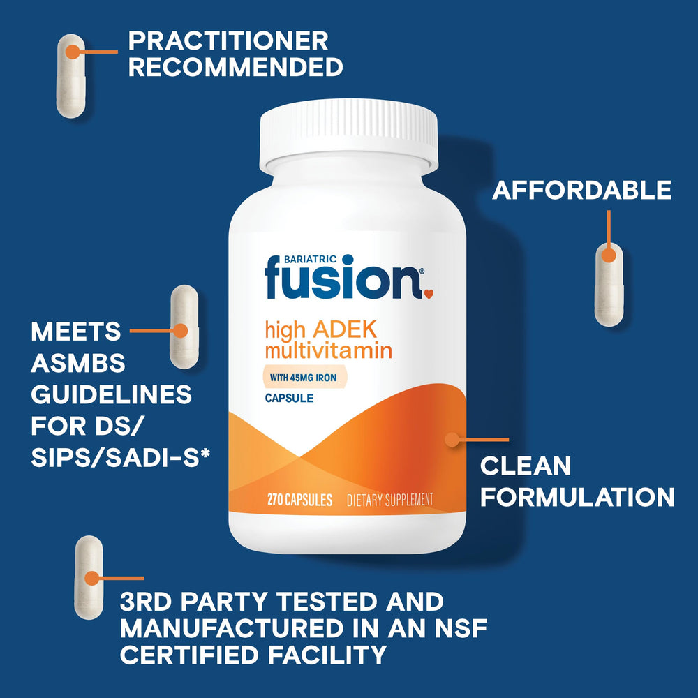 Bariatric Fusion High ADEK multivitamin capsules close-up highlight swallowable form.
