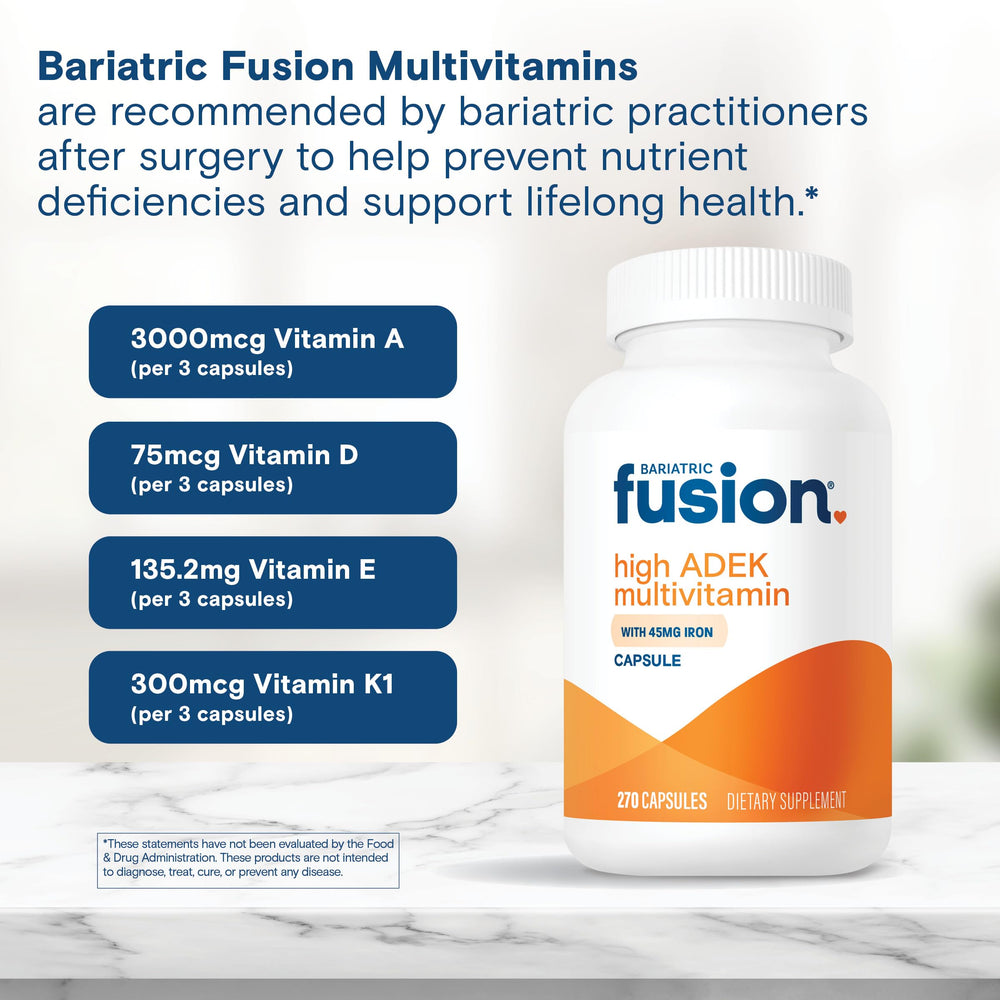 Bariatric Fusion High ADEK multivitamin packaging on shelf for a year-long supply.