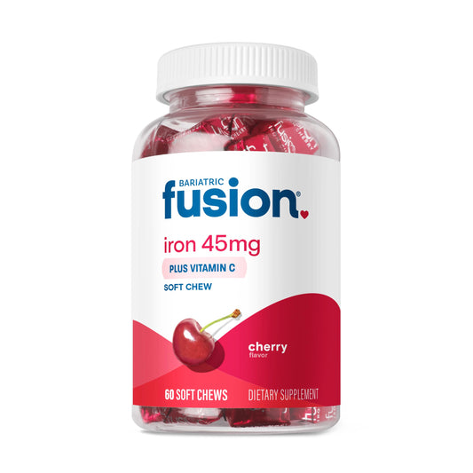 Bariatric Fusion cherry iron chew with soft texture for anemia support.