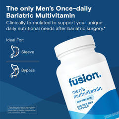 Bariatric Fusion One Per Day Men capsule close-up highlights easy swallow