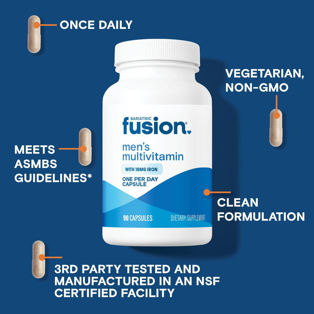 Bariatric Fusion One Per Day Men label close-up with iron-supported formula