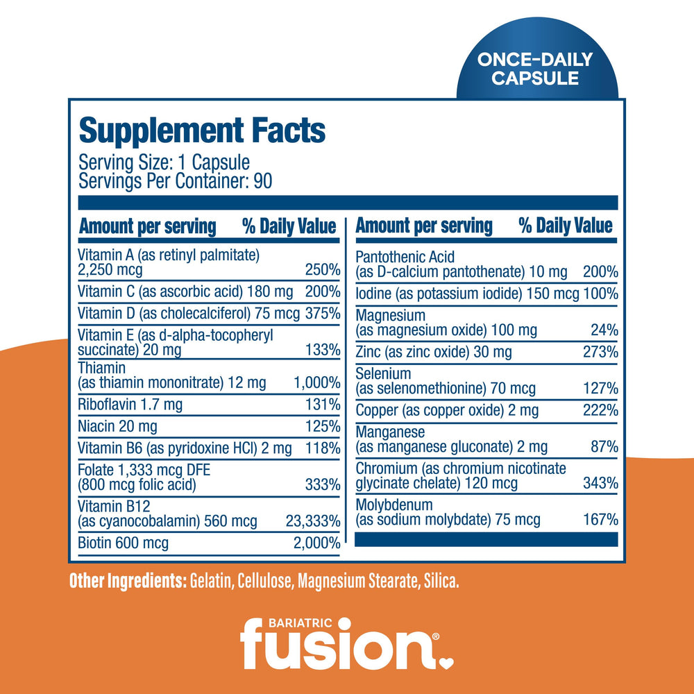 Bariatric Fusion one-per-day pill shown for a simple daily routine after gastric bypass.