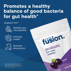 Close-up of grape-flavored chews emphasizes a tasty, sugar-free probiotic option.