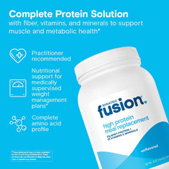 Bariatric Fusion unflavored meal replacement tub label closeup highlighting clean, gluten-free formula.
