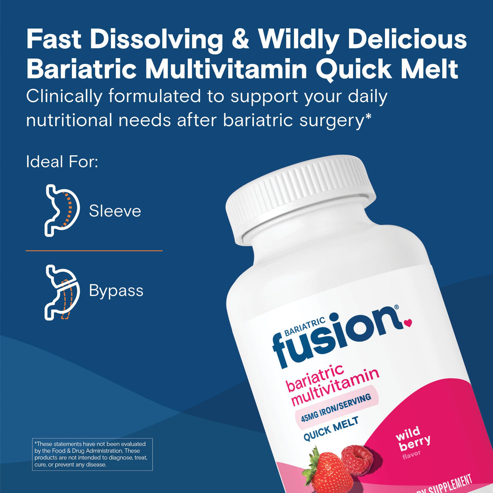 Bariatric Fusion quick-melt tablets close-up, fast dissolution for on-the-go use.