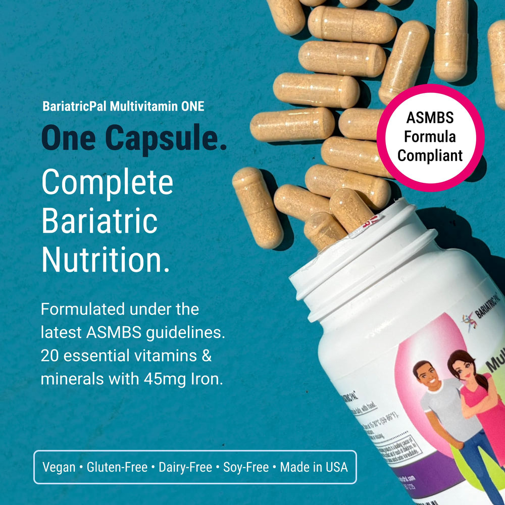 BariatricPal Multivitamin ONE capsules illustrate an easy to swallow daily supplement.