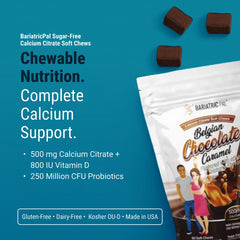BariatricPal Sugar-Free Calcium Citrate Soft Chews bottle back label shows vitamin D and probiotic benefits.