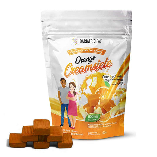 BariatricPal sugar-free calcium citrate chews in orange creamsicle flavor for daily bone support.
