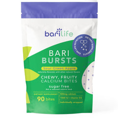 Bari Life BariBurst bottle front shows sour green apple chews with D3 for daily bone support