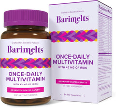 Barimelts bottle showing the once-daily bariatric multivitamin for post-surgery nutrition.