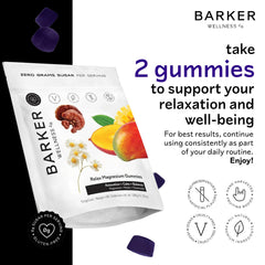 Barker Wellness Co magnesium relax gummies label closeup highlighting calming ingredients.