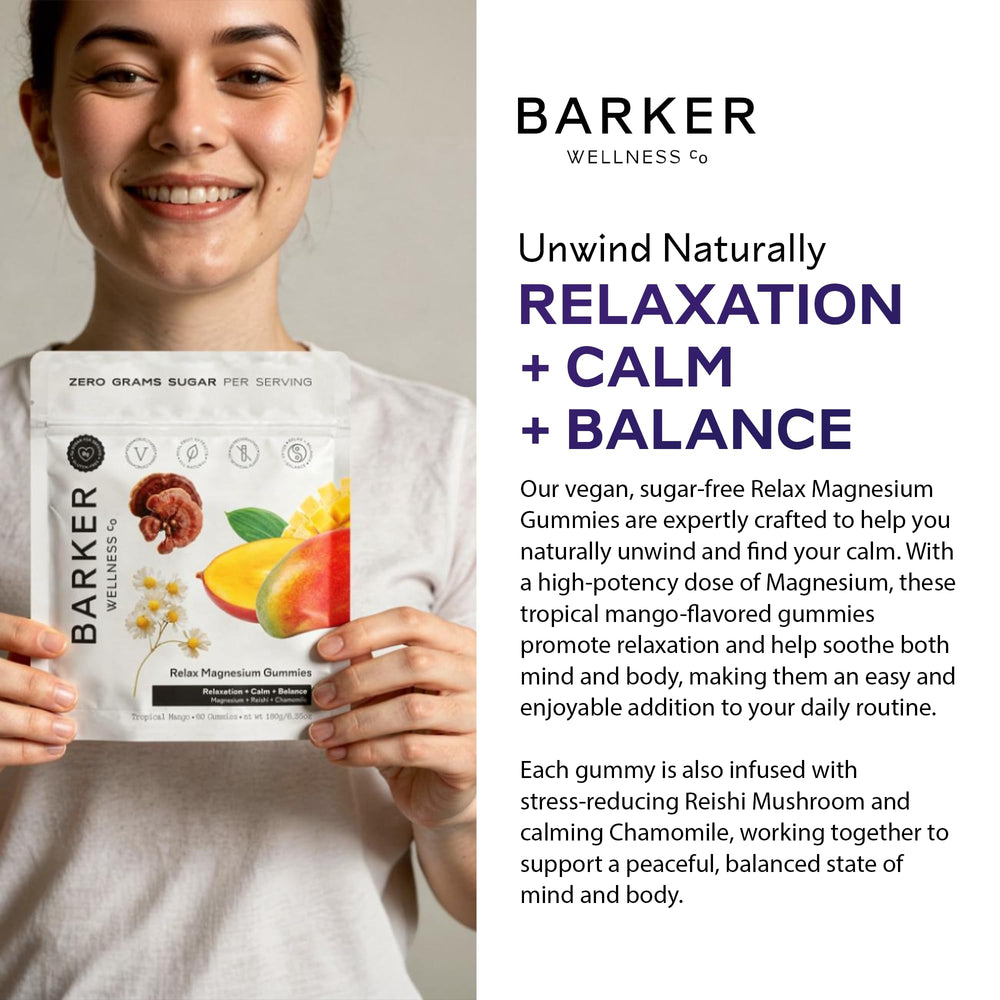Barker Wellness Co night routine scene with gummies beside tea for relaxation.