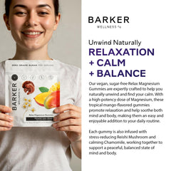 Barker Wellness Co night routine scene with gummies beside tea for relaxation.