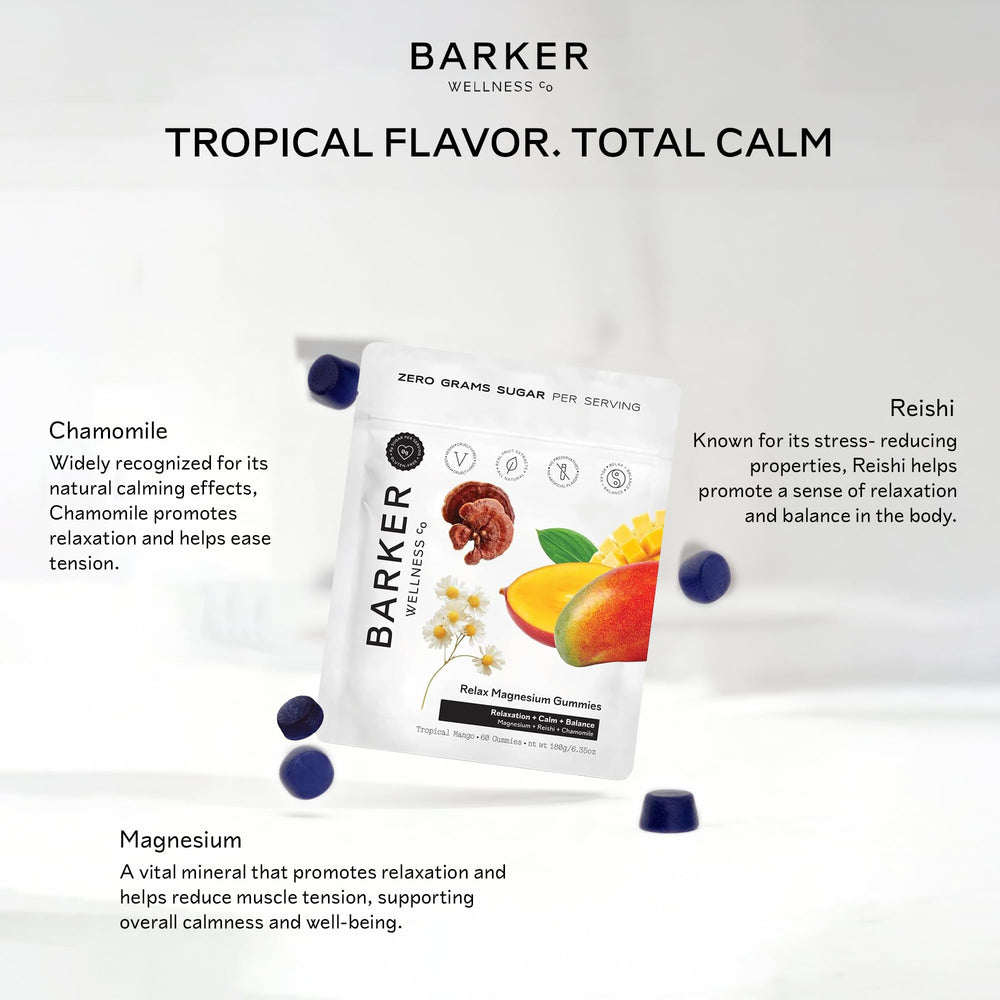 Barker Wellness Co reishi chamomile blend closeup for botanical calm potential.