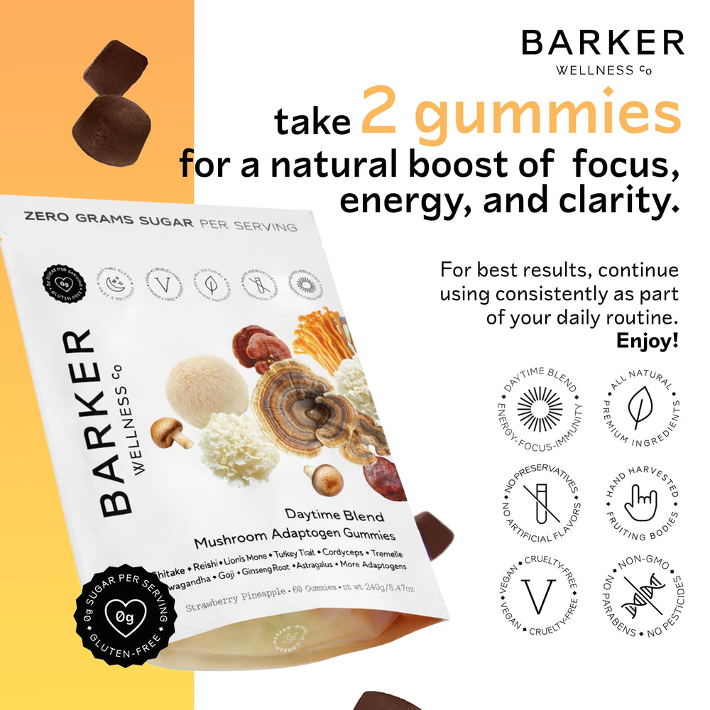 Barker Wellness Co Daytime Gummies bottle back with ingredients and label