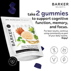 Close-up of Barker Wellness label featuring Lion's Mane and Cognizin ingredients