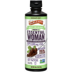 Barlean's Essential Woman Chocolate Mint bottle highlights vegan formula for hormonal balance support.