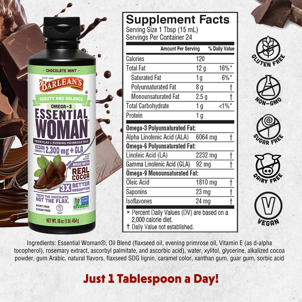 Barlean's Essential Woman pour shows smooth, palatable intake for daily wellness rituals.