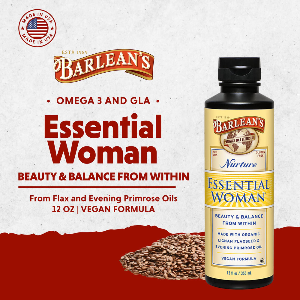 Close-up of Barlean's Essential Woman label highlighting omega fats.