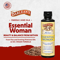 Close-up of Barlean's Essential Woman label highlighting omega fats.