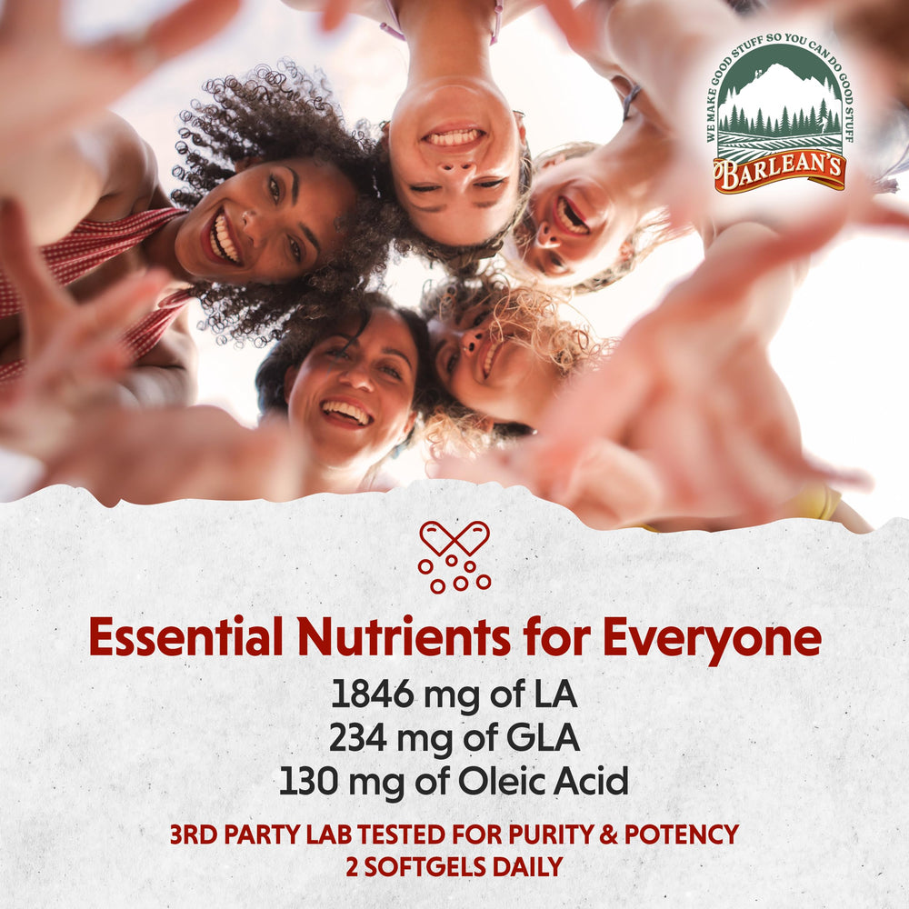 Gluten-free and non-GMO labeling on Barlean's Evening Primrose Oil bottle.