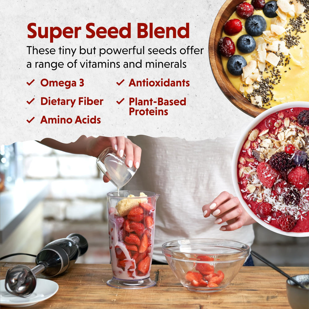 Barlean's flax chia coconut seed bag label highlights organic, non-GMO ingredients for versatile meals.