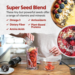 Barlean's flax chia coconut seed bag label highlights organic, non-GMO ingredients for versatile meals.