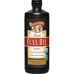 Barlean's flaxseed oil bottle showing organic branding and nutty notes.