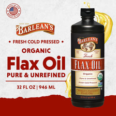 Close-up of Barlean's flaxseed oil highlighting purity and unrefined quality.