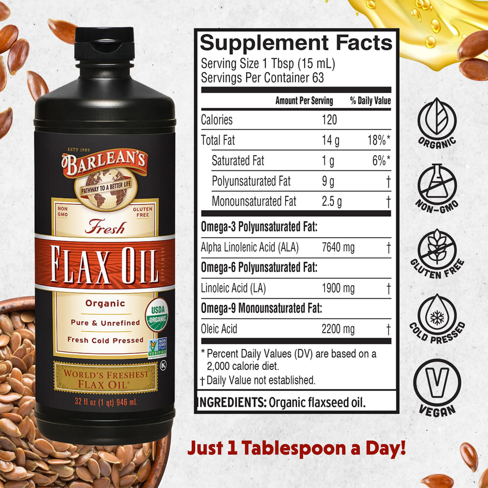 Barlean's flaxseed oil being poured to enhance salads with mild flavor.