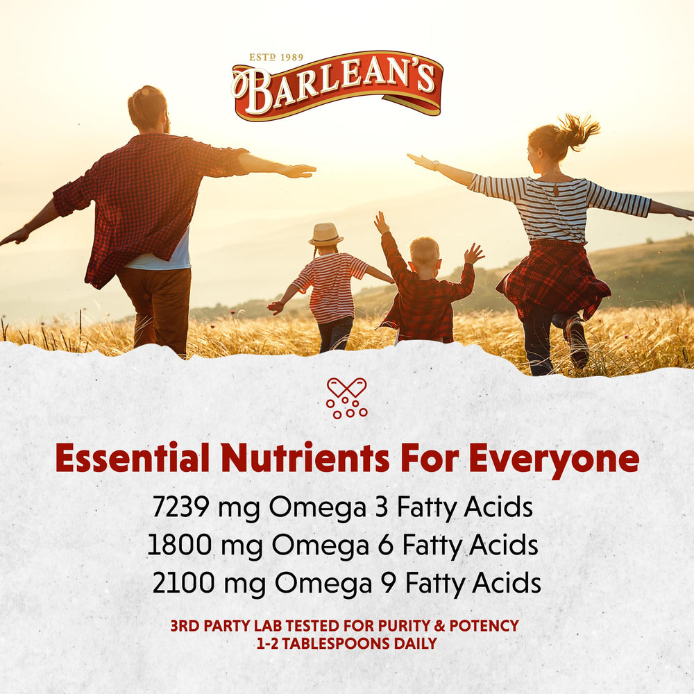 Barlean's flaxseed oil added to smoothies for a convenient omega-3 boost.