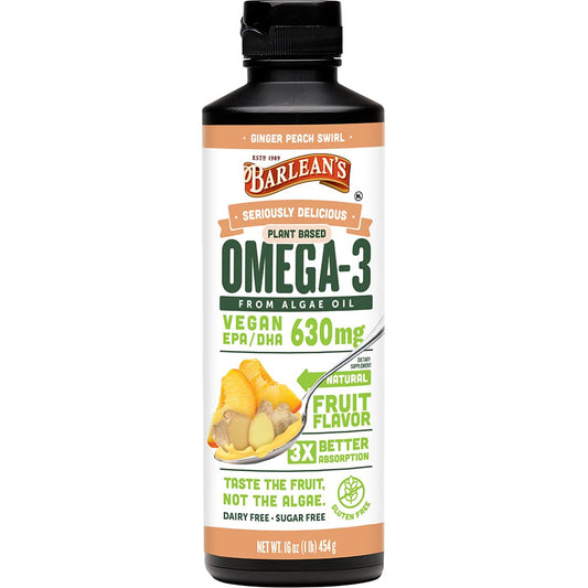 Barlean's Ginger Peach Omega-3 bottle, may support heart and brain wellness.