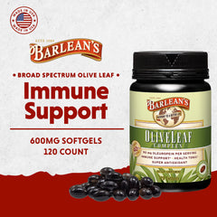 Barlean's Olive Leaf Complex bottle back shows 40% oleuropein potency.