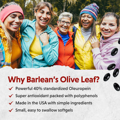 Barlean's Olive Leaf Complex softgels closeup for easy daily intake.