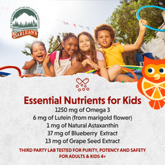 Barlean's Omega-3 Kids Liquid label highlights eye nutrition ingredients