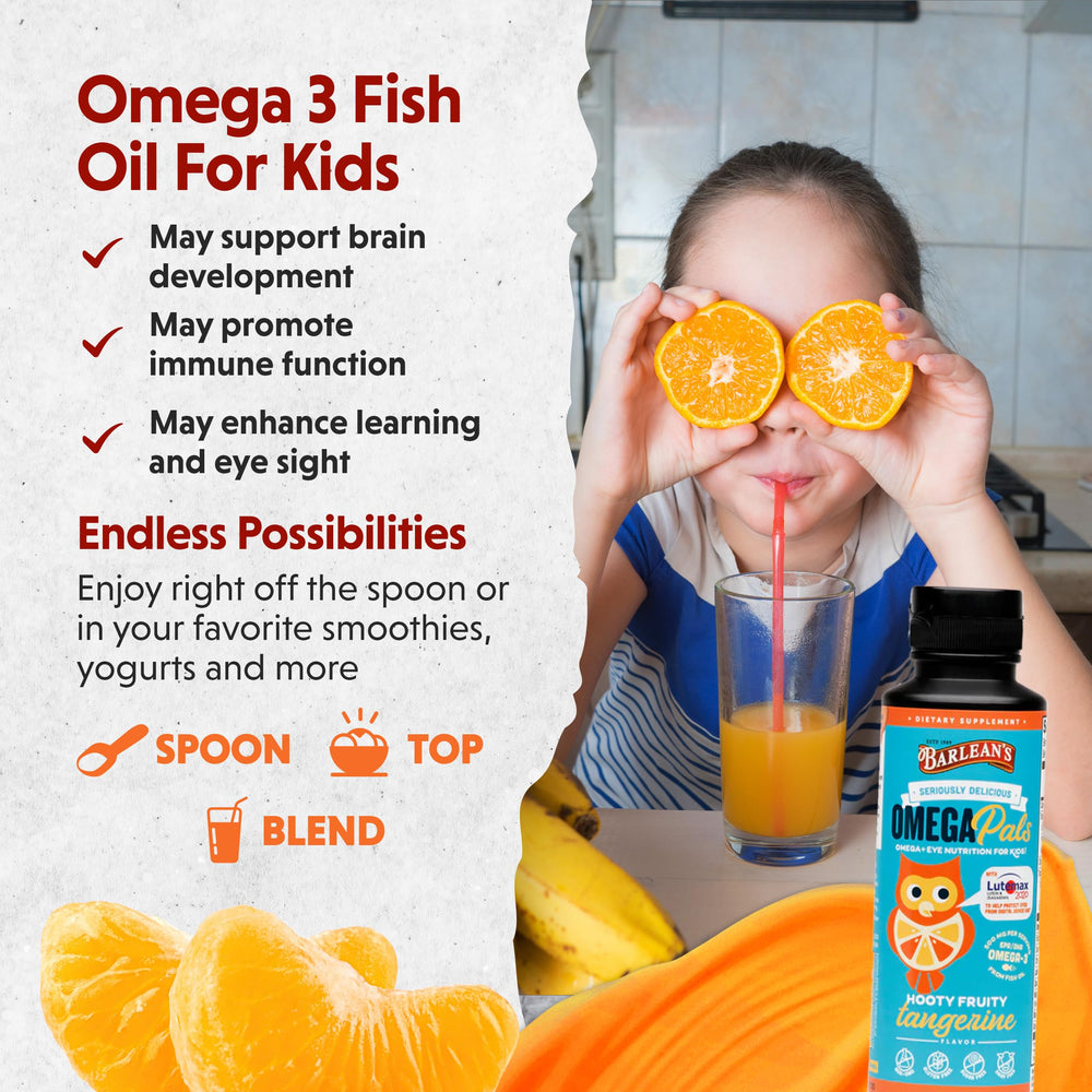 Spoon with Barlean's Omega-3 Kids Liquid Tangerine flavor for easy dosing