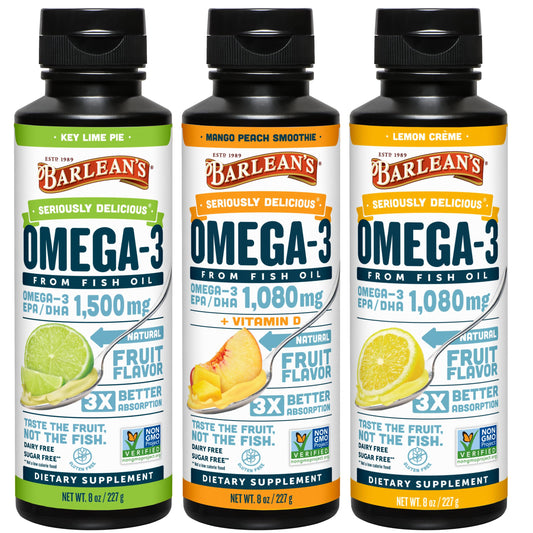 Barlean's Omega-3 liquid bottle with smooth texture for easy daily use.